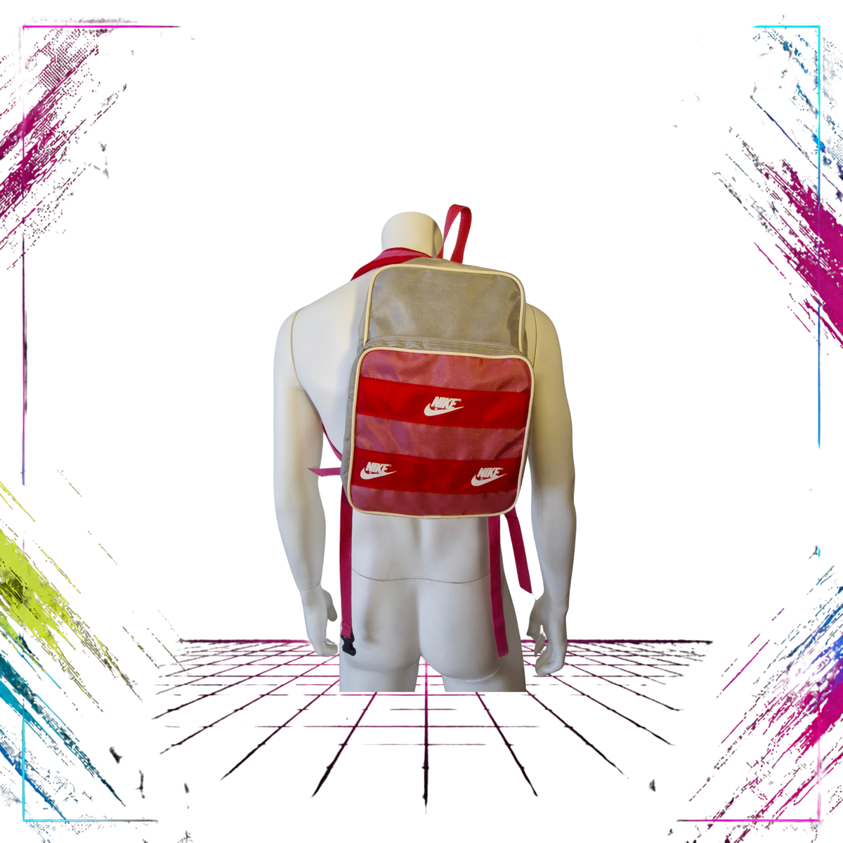 Late 80s Nike multi-logo mini backpack — front view, vivid colours — Made in Korea — ThePlugOfVintage