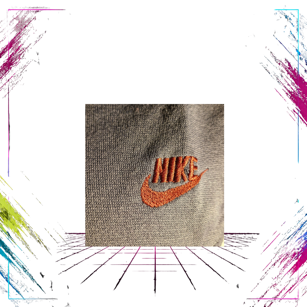 Early 80s Nike Red Swoosh sleeveless hoodie vest — Red Swoosh logo close-up — ThePlugOfVintage
