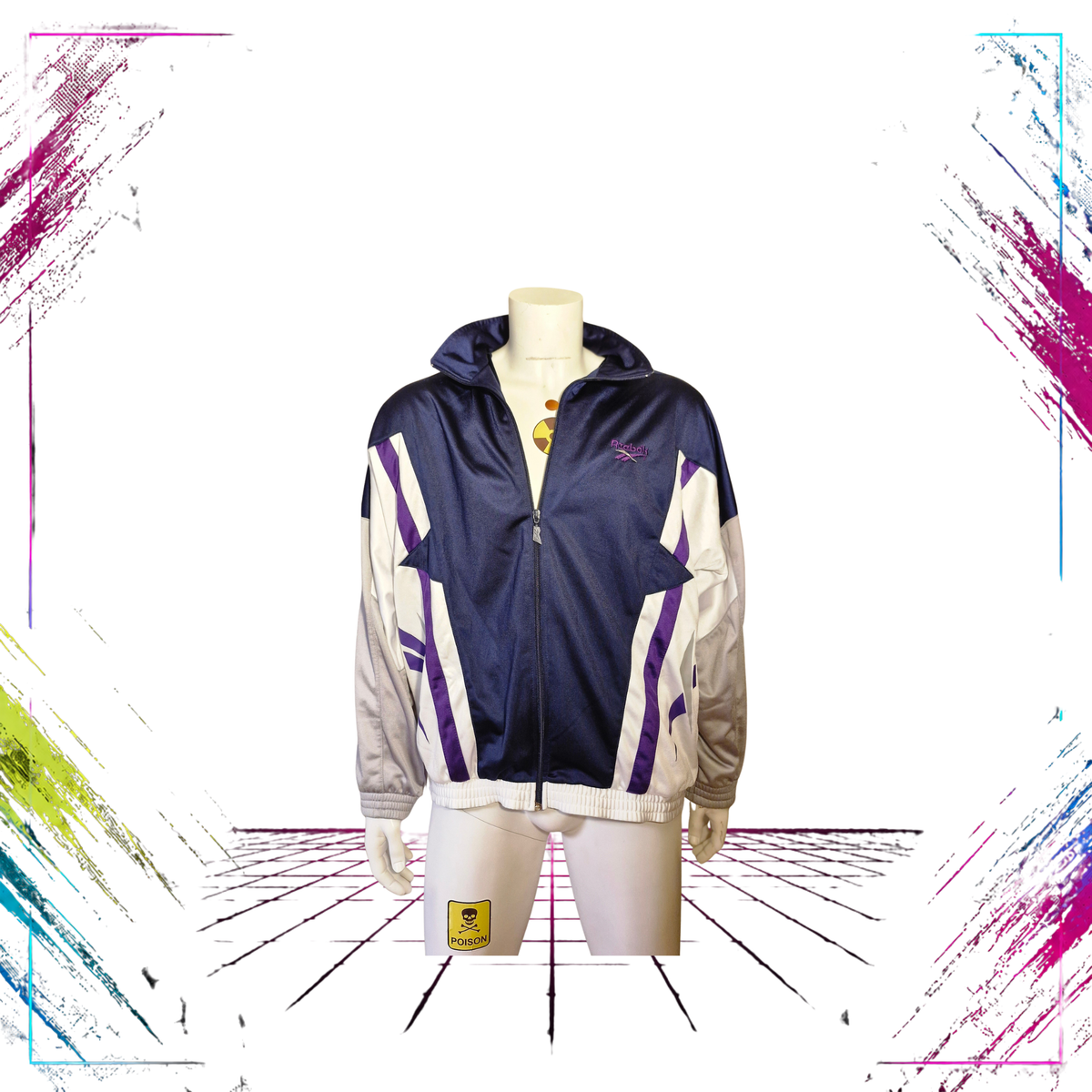 Mid 90s Reebok Vector colour block track jacket — front view, navy/purple/silver — Size M — ThePlugOfVintage